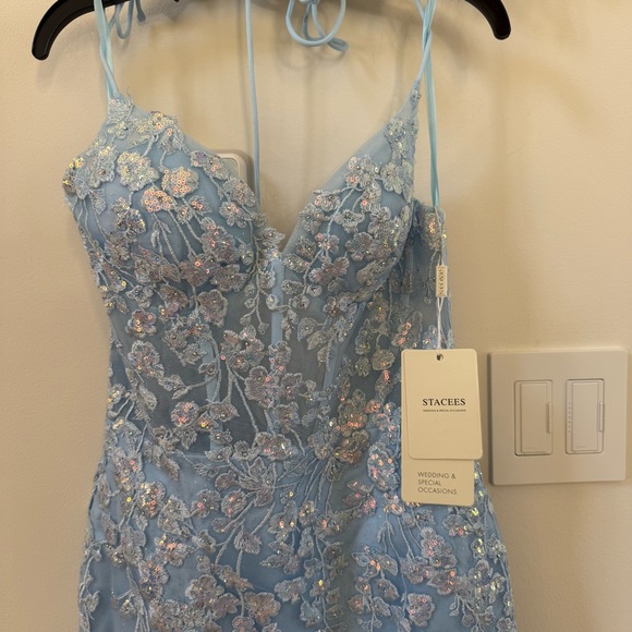 STACEES Sparkly Floral Sequined Lace-Up Dress with Glitter in Sky Blue 4 NWT - Picture 4 of 11